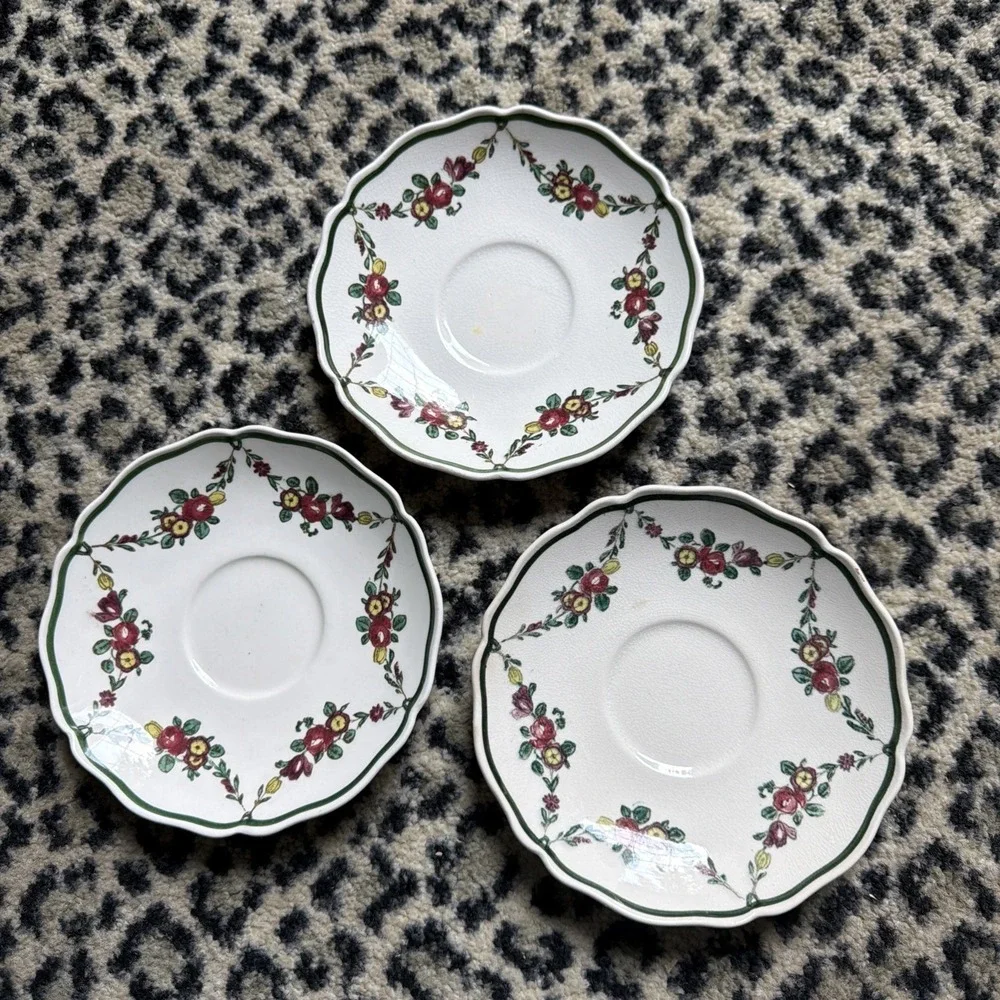 Royal Doulton SAUCER Set of‎ 3 Floral Green Border Octagonal England VTG D2772